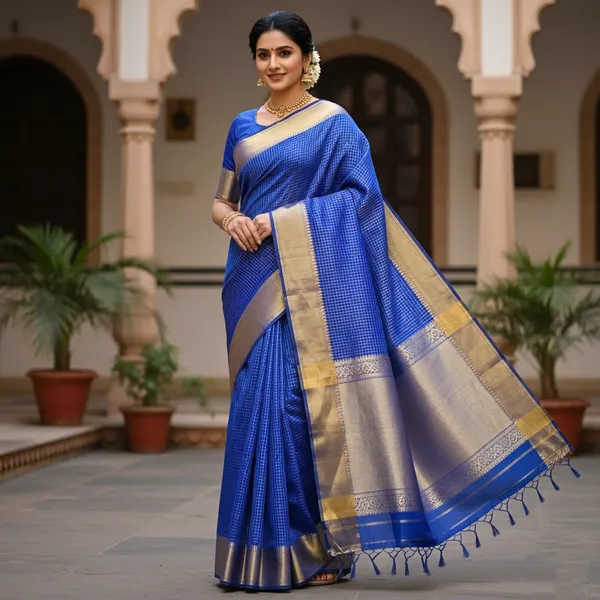 Blue_Traditional_Kanjivaram_With_Golden_Zari_Border_Silk_Saree_For_Women