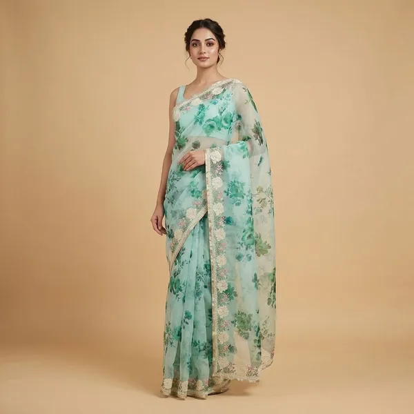 Turquoise_Green_Floral_Print_With_Embellished_Border_Silk_Saree_For_Women