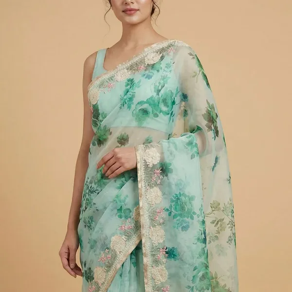 Turquoise_Green_Floral_Print_With_Embellished_Border_Silk_Saree_For_Women