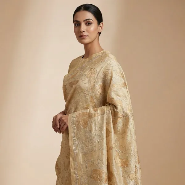 Cream_Elegant_Floral_Embroidered_Table_Runner_With_Scalloped_Edges_Silk_Saree_For_Women
