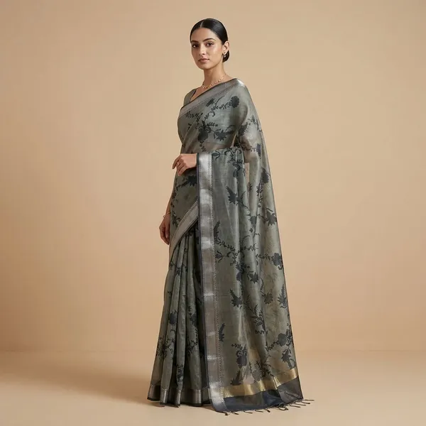 Grey_Floral_Print_With_Contrasting_Border_And_Pallu_Silk_Saree_For_Women
