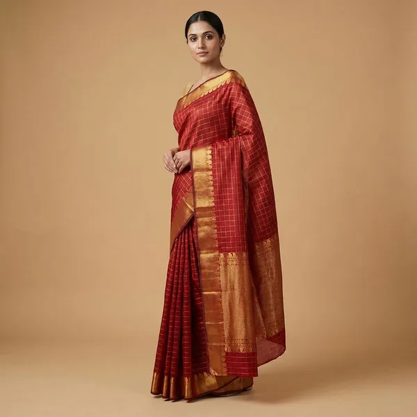 Red_And_Gold_Traditional_Zari_Checkered_Silk_Saree_For_Women