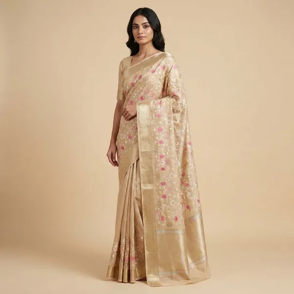 Golden_Floral_Woven_With_Zari_Border_Silk_Saree_For_Women