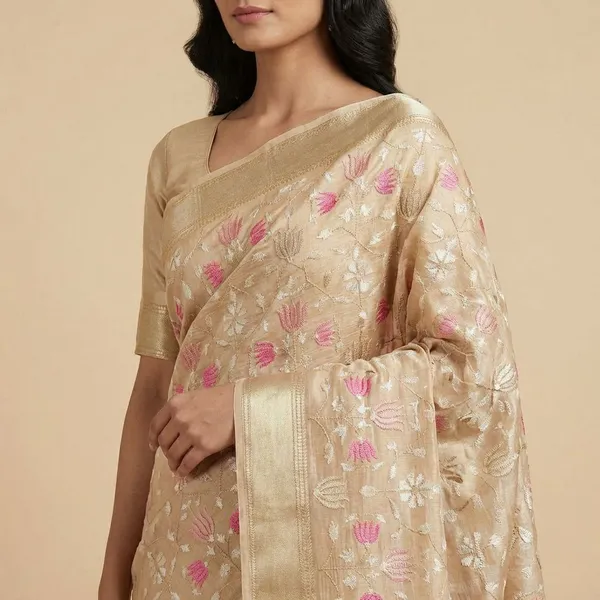 Golden_Floral_Woven_With_Zari_Border_Silk_Saree_For_Women