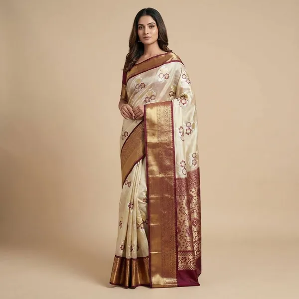 Off_White_And_Maroon_With_Gold_Zari_Border_And_Floral_Embroidery_Silk_Saree_For_Women
