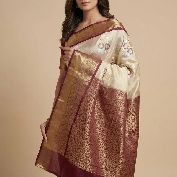 Off_White_And_Maroon_With_Gold_Zari_Border_And_Floral_Embroidery_Silk_Saree_For_Women