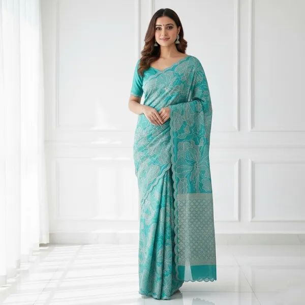 Turquoise_Embroidered_Floral_Fabric_With_Scalloped_Border_Silk_Saree_For_Women