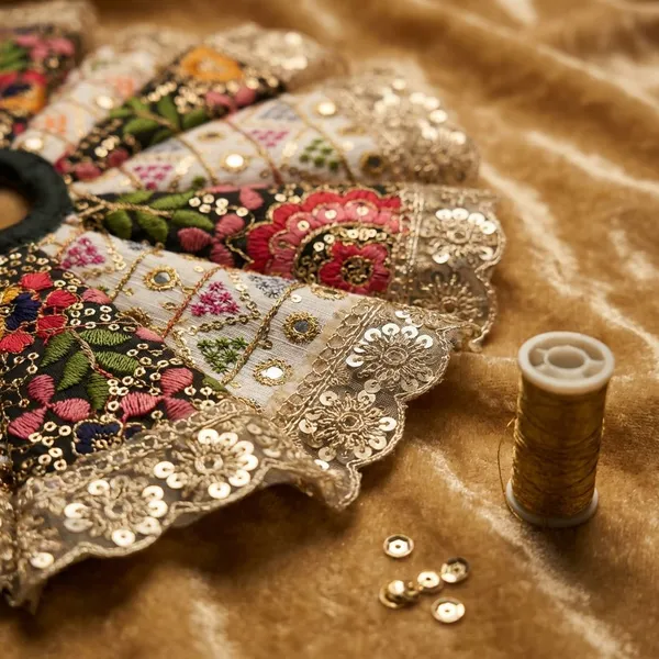 Multicolour_Handmade_Quilted_Round_Table_Mat_With_Floral_Patchwork_Design_Scalloped_Lace_Border_For_Pooja_Decoration