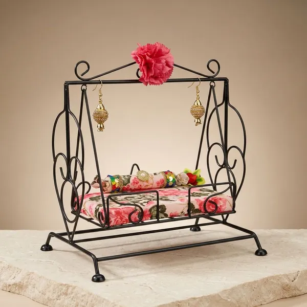 2_Tier_Black_Metal_Jewelry_Organizer_With_Decorative_Scrollwork_For_Pooja_Decoration