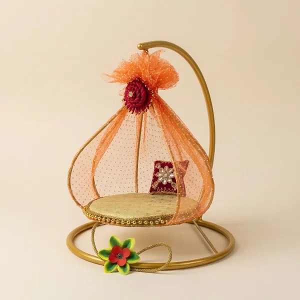 Decorative_Orange_Net_Hanging_BALL_Jhoola_With_Golden_Frame_For_LADDU_GOPAL