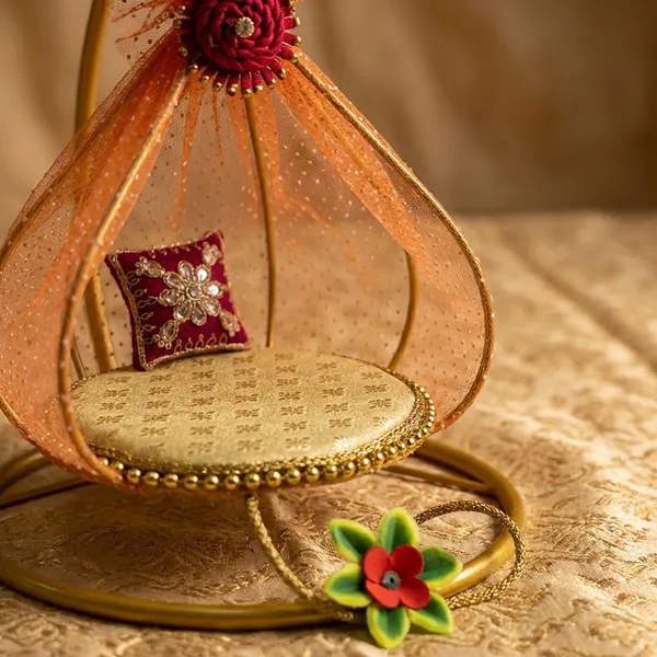 Decorative_Orange_Net_Hanging_BALL_Jhoola_With_Golden_Frame_For_LADDU_GOPAL