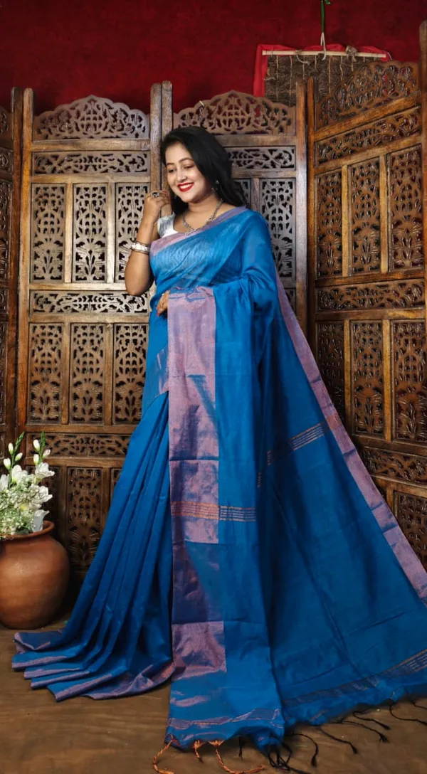 Red_And_Light_Blue_Handloom_Cotton_Silk_Zari_Border_For_Women_With_Running_Blouse_Pack_Of_2