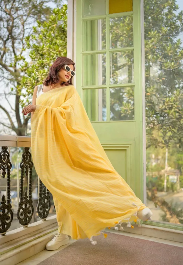 Striped_Yellow_Handloom_Cotton_Saree_With_Blouse