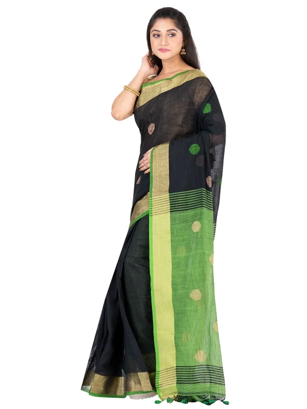 Vastraanjali_Black_And_Green_Handloom_Premium_Quality_Khadi_Ball_Saree_With_Running_Blouse