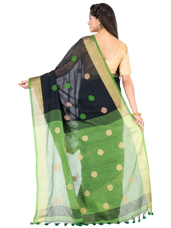 Vastraanjali_Black_And_Green_Handloom_Premium_Quality_Khadi_Ball_Saree_With_Running_Blouse