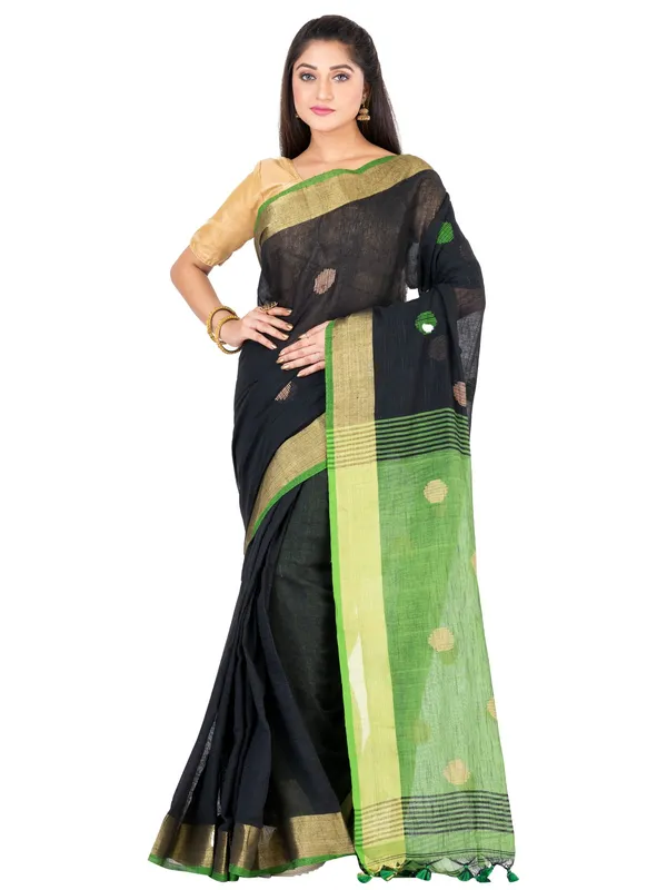 Vastraanjali_Black_And_Green_Handloom_Premium_Quality_Khadi_Ball_Saree_With_Running_Blouse