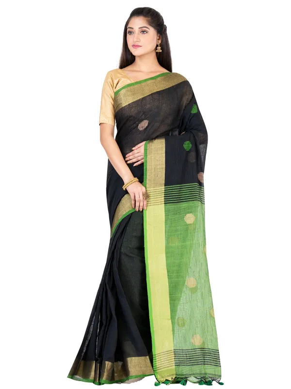Vastraanjali_Black_And_Green_Handloom_Premium_Quality_Khadi_Ball_Saree_With_Running_Blouse