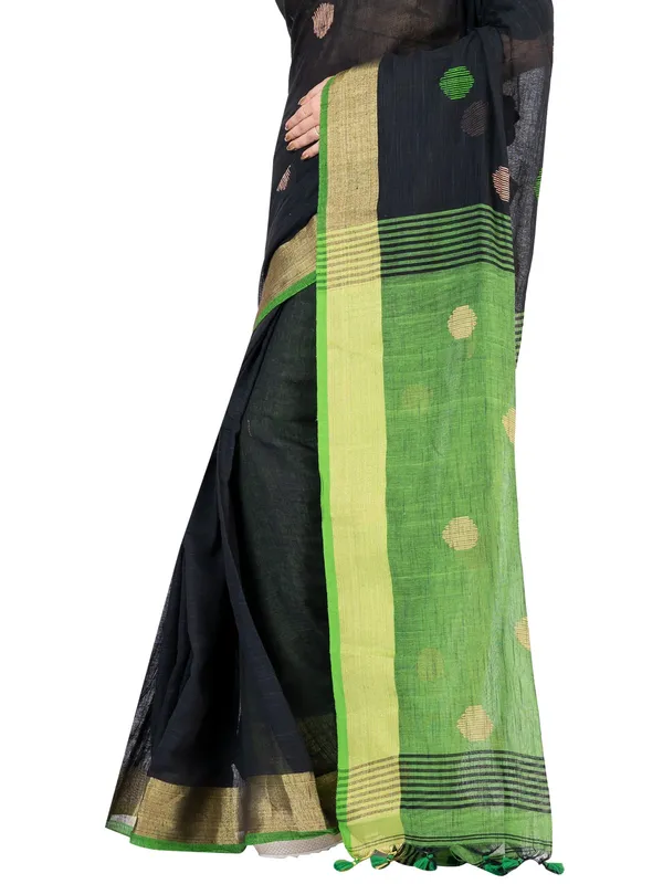 Vastraanjali_Black_And_Green_Handloom_Premium_Quality_Khadi_Ball_Saree_With_Running_Blouse