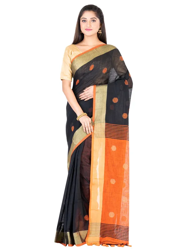 Black_And_Orange_Handloom_Premium_Quality_Khadi_Ball_Saree_With_Running_Blouse