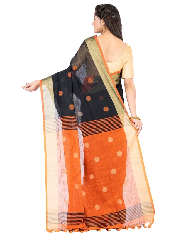 Black_And_Orange_Handloom_Premium_Quality_Khadi_Ball_Saree_With_Running_Blouse