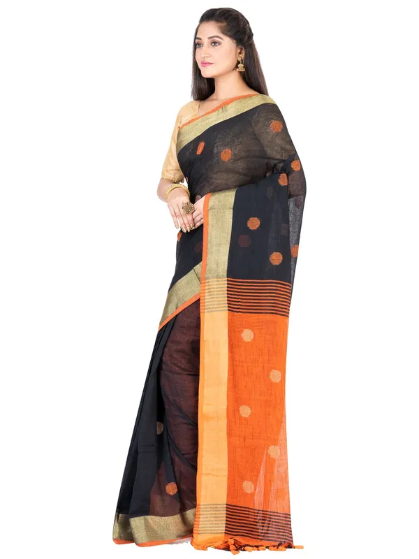 Black_And_Orange_Handloom_Premium_Quality_Khadi_Ball_Saree_With_Running_Blouse