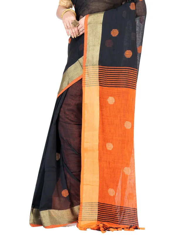 Black_And_Orange_Handloom_Premium_Quality_Khadi_Ball_Saree_With_Running_Blouse