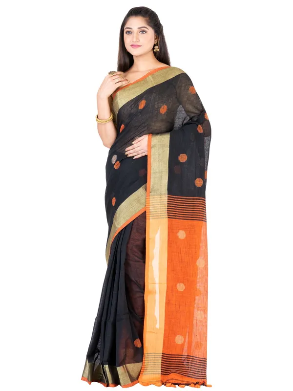 Black_And_Orange_Handloom_Premium_Quality_Khadi_Ball_Saree_With_Running_Blouse