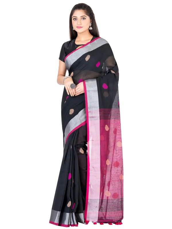 Black_And_Pink_Handloom_Premium_Quality_Khadi_Ball_Saree_With_Running_Blouse