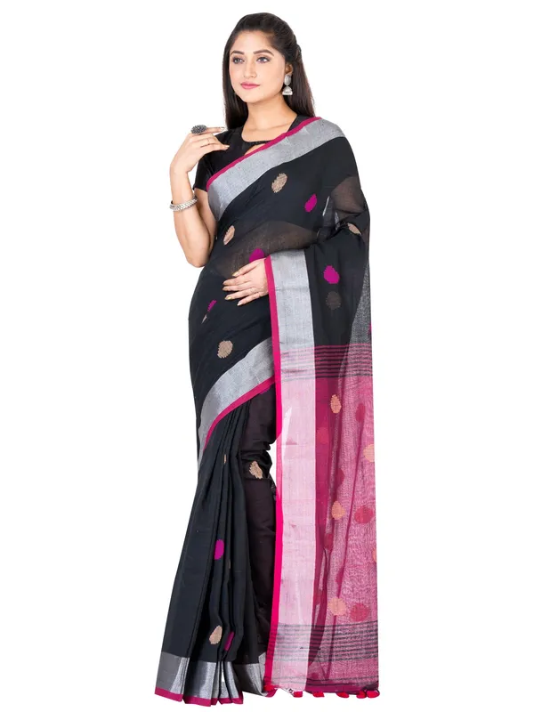 Black_And_Pink_Handloom_Premium_Quality_Khadi_Ball_Saree_With_Running_Blouse