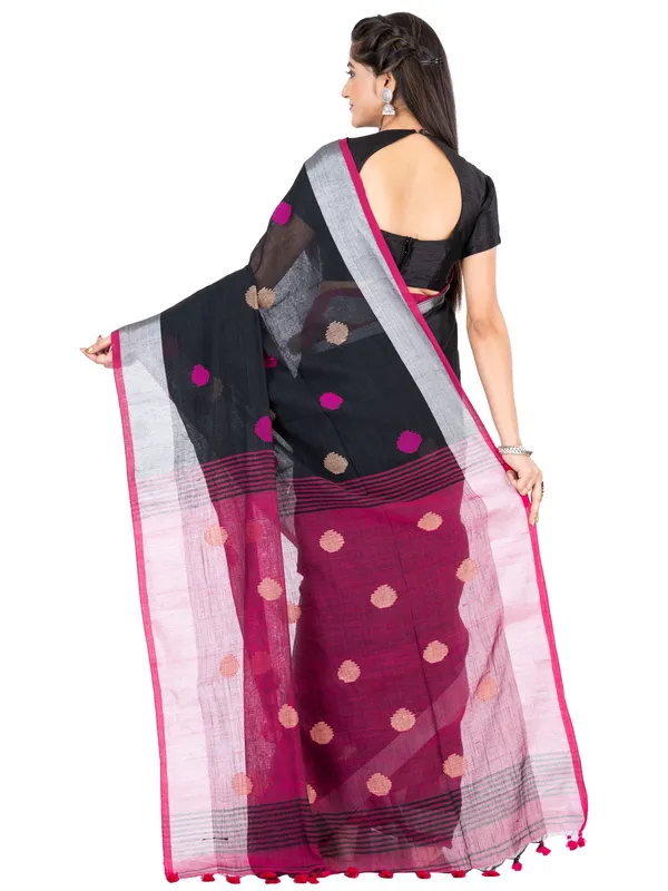 Black_And_Pink_Handloom_Premium_Quality_Khadi_Ball_Saree_With_Running_Blouse
