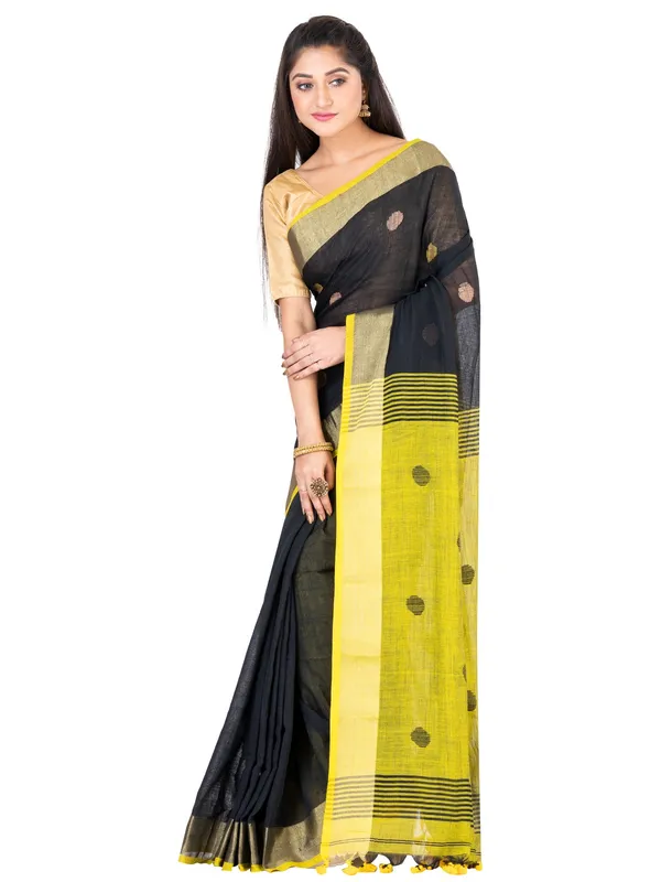Black_And_Yellow_Handloom_Premium_Quality_Khadi_Ball_Saree_With_Running_Blouse