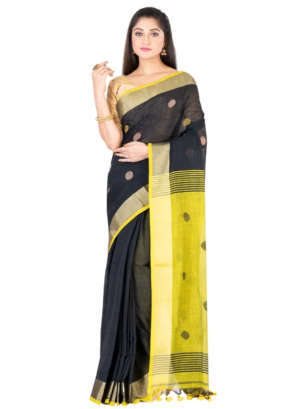 Black_And_Yellow_Handloom_Premium_Quality_Khadi_Ball_Saree_With_Running_Blouse