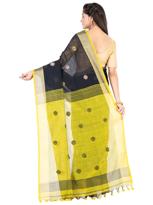 Black_And_Yellow_Handloom_Premium_Quality_Khadi_Ball_Saree_With_Running_Blouse