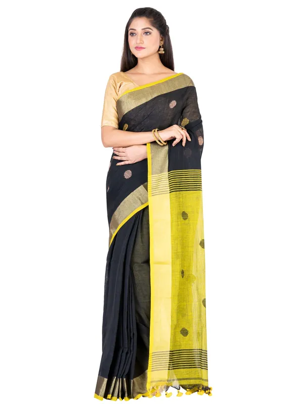 Black_And_Yellow_Handloom_Premium_Quality_Khadi_Ball_Saree_With_Running_Blouse