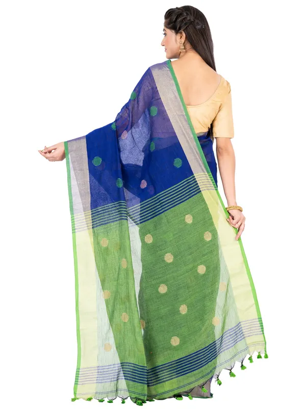 Blue_And_Green_Handloom_Premium_Quality_Khadi_Ball_Saree_With_Running_Blouse