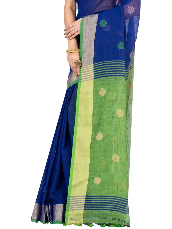 Blue_And_Green_Handloom_Premium_Quality_Khadi_Ball_Saree_With_Running_Blouse