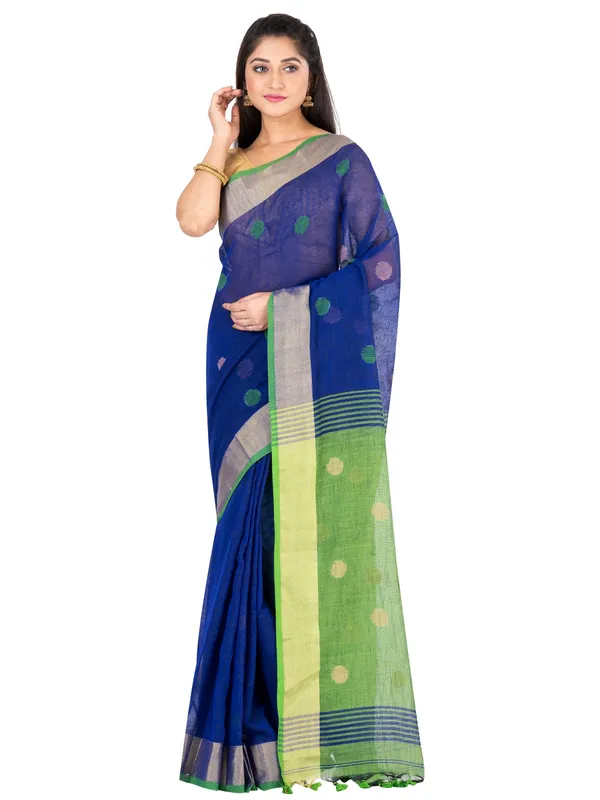 Blue_And_Green_Handloom_Premium_Quality_Khadi_Ball_Saree_With_Running_Blouse