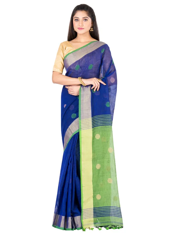 Blue_And_Green_Handloom_Premium_Quality_Khadi_Ball_Saree_With_Running_Blouse