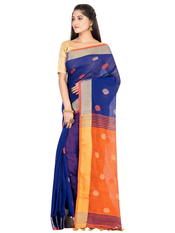 Blue_And_Orange_Handloom_Premium_Quality_Khadi_Ball_Saree_With_Running_Blouse