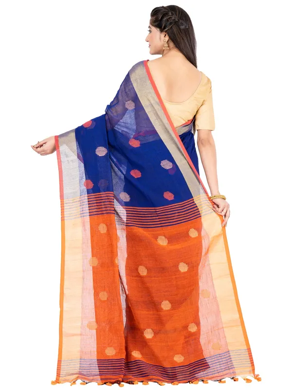 Blue_And_Orange_Handloom_Premium_Quality_Khadi_Ball_Saree_With_Running_Blouse