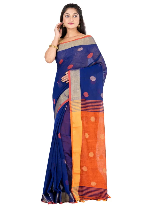 Blue_And_Orange_Handloom_Premium_Quality_Khadi_Ball_Saree_With_Running_Blouse