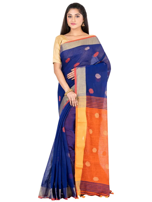 Blue_And_Orange_Handloom_Premium_Quality_Khadi_Ball_Saree_With_Running_Blouse
