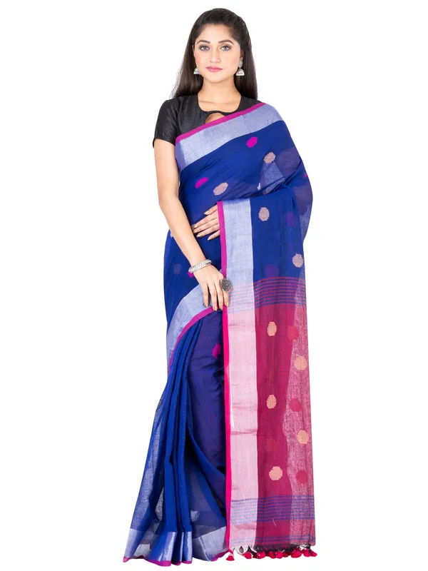 Blue_And_Pink_Handloom_Premium_Quality_Khadi_Ball_Saree_With_Running_Blouse