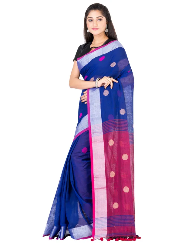 Blue_And_Pink_Handloom_Premium_Quality_Khadi_Ball_Saree_With_Running_Blouse