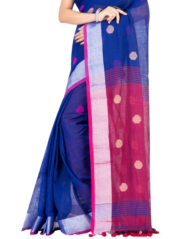 Blue_And_Pink_Handloom_Premium_Quality_Khadi_Ball_Saree_With_Running_Blouse