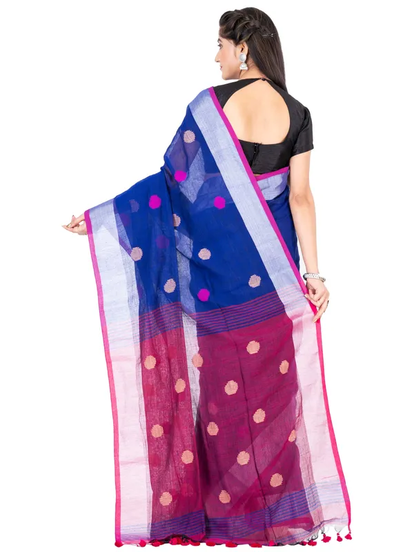 Blue_And_Pink_Handloom_Premium_Quality_Khadi_Ball_Saree_With_Running_Blouse