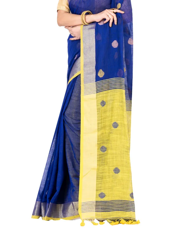 Blue_And_Yellow_Handloom_Premium_Quality_Khadi_Ball_Saree_With_Running_Blouse