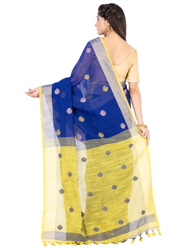 Blue_And_Yellow_Handloom_Premium_Quality_Khadi_Ball_Saree_With_Running_Blouse