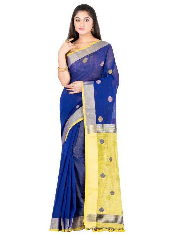 Blue_And_Yellow_Handloom_Premium_Quality_Khadi_Ball_Saree_With_Running_Blouse