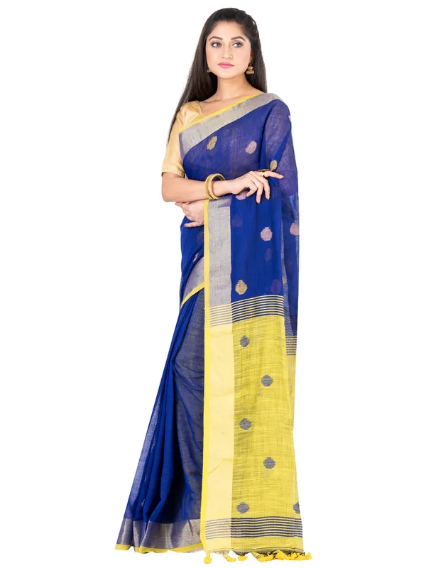 Blue_And_Yellow_Handloom_Premium_Quality_Khadi_Ball_Saree_With_Running_Blouse